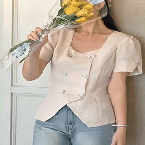 [44-120]  트린디아 트위드 핀턱 스퀘어넥 블라우스( 여름-데일리룩-데이트룩-캐주얼룩-캠퍼스룩-하객룩-격식룩-출근룩-빅사이즈-120사이즈-자체제작-페미닌-고급스러운-통통녀-반팔블라우스 )