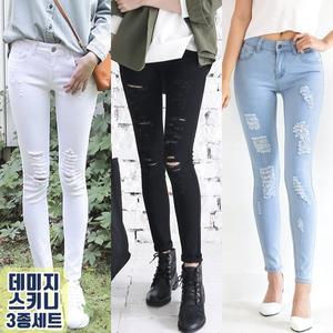 [토마토팩토리] 3종세트 여성 전체스판 해짐 스키니 3종세트(~XL까지)