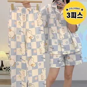 48 토끼체크 3피스 상의+반바지+긴바지 파자마 세트