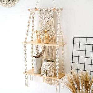 2계층 Macrame 벽  부동 선반 천연 코튼 로프 Boho 홈 장식 나무 캔들 홀더
