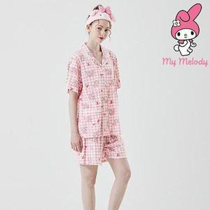 [마이멜로디]산리오 마이멜로디 핑크 레이스카라 홈웨어 반소매 페어 상하세트  MM-0054