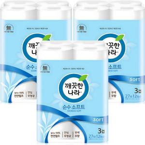 깨끗한나라 데코 순수 소프트 화장지 3겹 27m 12롤 3팩
