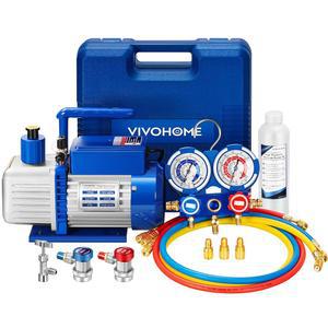 VIVOHOME 110V 1/4 HP 3.5 CFM 단일 스테이지 로터리 베인 공기 진공 펌프 및 HVAC 에어컨 냉장 충전용 R134a AC 매니폴드 게이지 세트 키트, 파란색