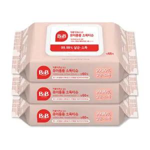 비앤비 자몽식초 유아용품 소독티슈 캡형 60매 x3팩 세정 안심제균 물티슈