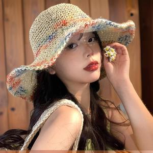 여성 여름 밀짚 버킷햇 레인보우 털실 짜임 모자