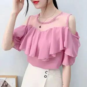 여름 쉬폰 블라우스 오프숄더 섹시 여성 플리츠 주름 슬림 레이스 셔츠