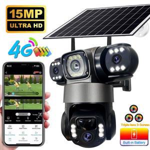 태양열 4G 카메라 CCTV 야외 15MP 트리플 렌즈 스크린 보안 비디오 모니터 야간 투시경 방수 V380 PRO