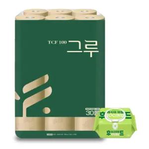 그루 오리지날 무표백 천연펄프화장지(리뉴얼 신상품) 3겹 30m 30롤 1팩+후레쉬물티슈 캡 100매
