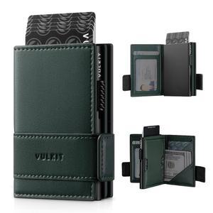 VULKIT 카드 홀더 바이폴드 남성용 RFID 차단 금속 케이스용 가죽 지갑 팝업, 9장의 카드와 지폐 녹색 보관