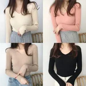 브이넥 골지 니트 긴팔티 HH-B123 (W96E51F)
