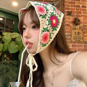 [홀리지]프테더 크로셰 자수 컨트리 핑크 니트 반다나 보넷