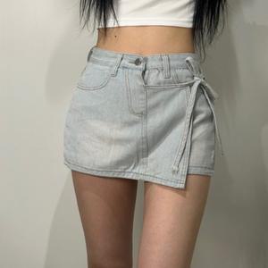 리본 랩 워싱 데님 치마바지 [미니 스커트 숏팬츠 여성 A라인 치마 여자 연청 반바지 언발 면 바지 유니크]
