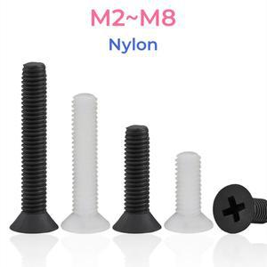나일론 접시 M2.5 M8 M6 M4 M3 M5 볼트 흰색 검정색 나사 플라스틱 PA66 플랫 머리 M2 헤드