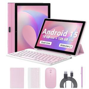 Android 15 태블릿 10인치, 18GB RAM+128GB ROM/2TB 가능, 키보드 케이스 마우스 스타일러스 1개 중 2개, 2.0GHz 쿼드코어 프로세서, 1280*800 IPS HD 화면, 5G WiFi6 BT 5.0, 8MP 카메라 PC
