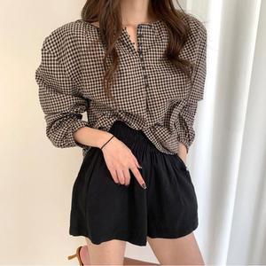 여자 벌룬 소매 잔체크 단추 블라우스 셔츠 퍼프 여성상의 차르르블라우스 봄옷 가을옷