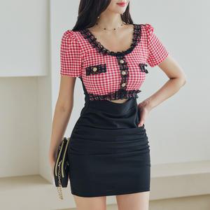 채핏 프릴체크 허리트임 원피스 셔링 미니 ops 슬림 섹시 홀복 유넥 퍼프소매 레이스 버튼 빅사이즈