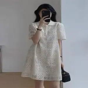 여성 여름 빅사이즈 폴로 칼라 드레스 중년 고급스러운 미디 원피스 데일리룩