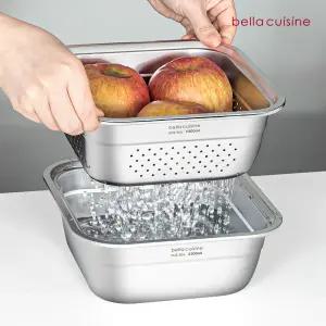 벨라쿠진 무연마제 2.3L 스텐 304 사각 믹싱볼 채반 2종 세트 세척볼 설거지통 밀폐용기