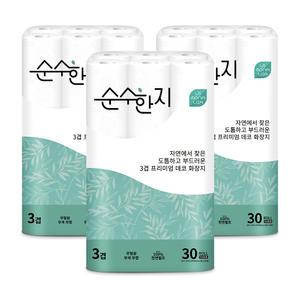 순수한지 3겹 천연펄프 롤화장지 X 3팩(90롤)