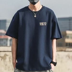 오버핏 반팔 티셔츠 빅사이즈 1977 남성 100 코튼 레트로 복고풍 엔틱 스트리트웨어 반 260g NO 프린팅된