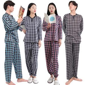 남성 여성 피치 체크 잠옷 세트  커플 파자마 여자 남자 홈웨어 수면 상하 세트