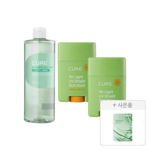 김정문알로에 큐어 에어라이트 UV 쉴드 선스틱 20g, 2개+워터 젤리 토너 500ml, 1개+증정(리알로에 피토 그린 앰플 마스크 30ml, 1매)