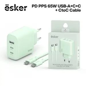 에스커 가정용충전기 PPS PD65W 3포트 USB+C+C CtoC케이블 1.2M 민트 고속 폰충전기 휴대 스마트 C타입