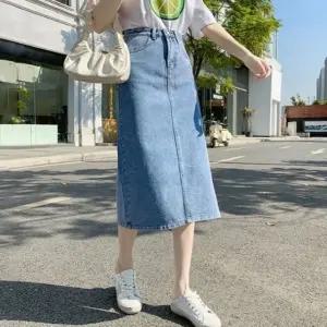 여성 슬림핏 러블리 트임 롱 데님스커트 청치마 (WFHO2GS)