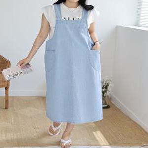 여성 뷔스티에 쓰리포켓 민소매 멜빵 데님 청 롱원피스
