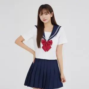 TC2 교복몰 (대여) 화이트 네이비 플리츠 세라복 (반팔) (WFJ1EDR)