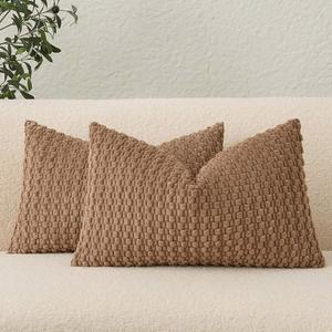 UGASA 벨벳 12x20 인치 요추 던지기 베개 커버, 양면 코듀로이 스트라이프, 부드러운 솔리드 장식 직사각형 쿠션 케이스, 소파/침실/자동차, 2피스, 밝은 갈색