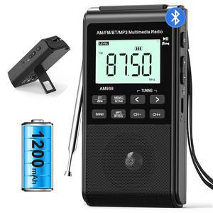 블루투스 AM FM 라디오, 1200mAh 충전식 배터리 휴대용 트랜지스터 포켓 라디오, 최고의 수신 성능, 5W 빅 스피커, LCD 화면, 이어폰 잭, 조깅용 SD 카드 및 USB MP3 플레이어 지원