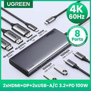 UGREEN 트리플 디스플레이 USB C 허브, 10Gbps 4K HDMI 어댑터, 8 인 1 스플리터, DP, USB3.2, PD, 100W 독