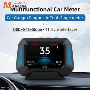P21 자동차 GPS + obd 슬로프 헤드 업 디스플레이 디지털 시계 4x4 경사계 미터 속도계 진단 도구 Y03 HUD