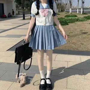 TC 교복몰 스카이블루 반팔 블라우스 핑크타이 마린 세라 (WFJ8HRY)