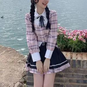 TC 교복몰 핑크체크 페이크 레이어드 긴팔 세라복 교복세 (WFJ8HSF)