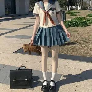 TC 교복몰 브라운 세줄라인 로얄블루 반팔 블라우스 마린 (WFJ8HRX)