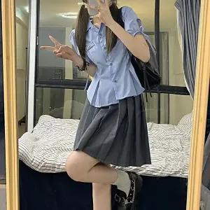 TC 교복몰 스카이블루 핀턱 리본 반팔 블라우스 세라복. (WFJ8HS2)
