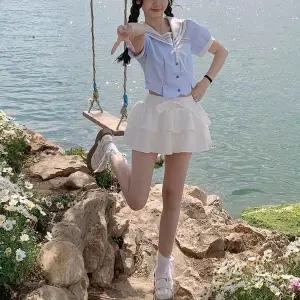 TC 교복몰 퍼프소매 라이트블루 마린 반팔 플레어 세라복 (WFJ8V3S)