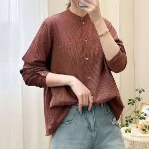 [애슬릿] 중년 블라우스 스트라이프 차이나 카라 면 긴팔 셔츠
