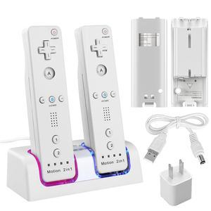 2팩 2800mAh 충전식 배터리 팩이 포함된 닌텐도 Wii용 Wii 원격 충전기 2 컨트롤러 충전 스테이션에는 USB 월 어댑터 및 6피트 코드가 포함되어 있습니다
