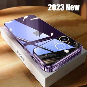 iPhone 15 14 Pro Max 11 12 13 Plus 도금 투명 아크릴 하드 커버 용 고급 강화 유리 카메라 보호 케이스