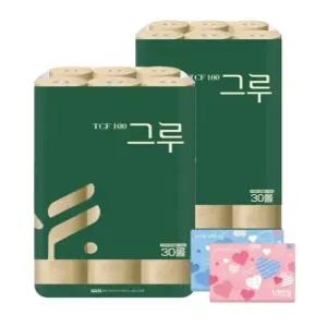 그루 오리지날 무표백 천연펄프화장지(리뉴얼 신상품) 3겹 30m 30롤 2팩+여행용티슈 40매 2개