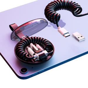 스프링 충전기 5핀 차량용 케이블 보조배터리 C타입 8핀 여행용 USB 연결선 휴대용 5in1 멀티