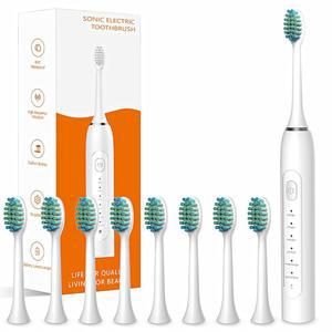 방수 소닉 전동 칫솔 - 압력 센서가 있는 6가지 모드, 스마트 타이머 충전식 칫솔, 8가지 헤드, 미백 및 민감한 치아 관리, 30일 긴 배터리 수명
