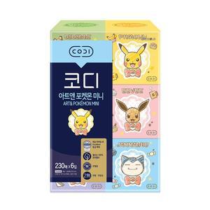 [코디][SSG][1+1]코디 아트앤 포켓몬 캐릭터 미니 미용티슈 230매6입(천연펄프. 무료배송)