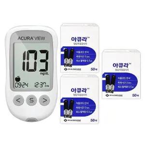 [셀러허브]아큐라 혈당측정기+검사지150매+채혈침200개+알콜솜200매 임당 수치 시험지 스트 (S36181840)
