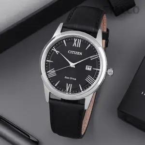 [시티즌] AW1231-07E 에코드라이브 라운드 블랙 아날로그 캐쥬얼 정장 남자 가죽 손목시계 c