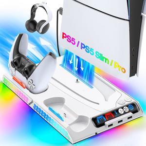 4레벨 팬과 9개의 RGB 모드를 갖춘 템프 오토 컨트롤 PS5/슬림/프로 냉각 스테이션, 모든 PS5 콘솔용 스탠드 수직 도크 오리지널/엣지 컨트롤러용 액세서리 충전 가능