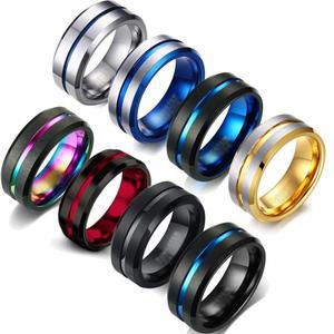 패션 8MM 남자 스테인레스 스틸 반지 블루 레드 다채로운 그루브 경 사진 가장자리 웨딩 약혼 기념일 쥬얼